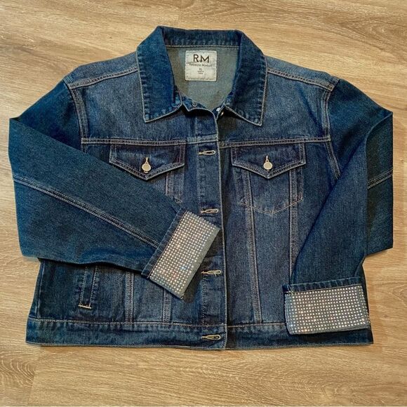 REBECCA MINKOFF DARK WASH DENIM JACKET WITH RHINESTONE EMBELLISHED CUFFS XL NWT - Picture 8 of 16